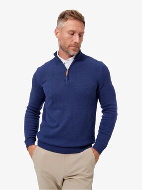 Mizzen + Main Mens 1/4 Zip Sweater Mens L Blue Performance Knit Pullover Stretch